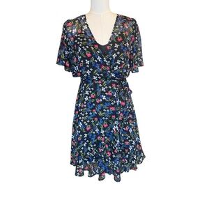 Calvin Klein Black Floral faux Wrap Dress Size 2 Chiffon V Neck